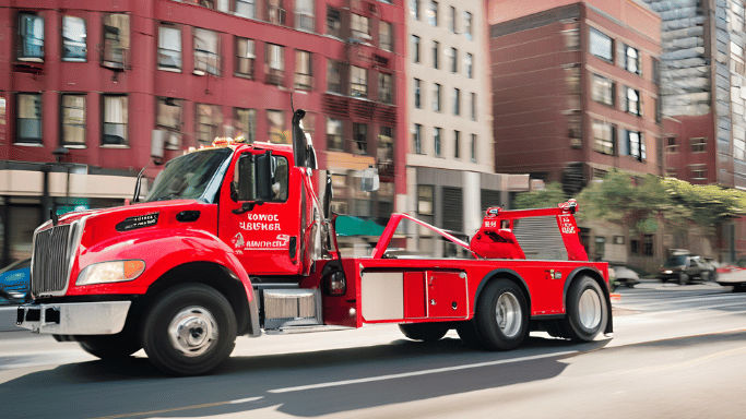 A red towing service truck driving on a city road.
