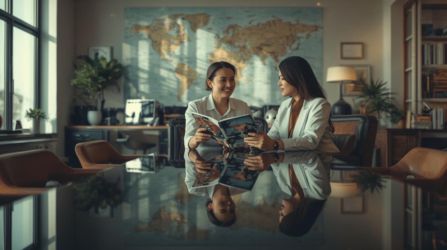 Travel advisor discusses luxury trip brochures with clients in elegant modern office.
