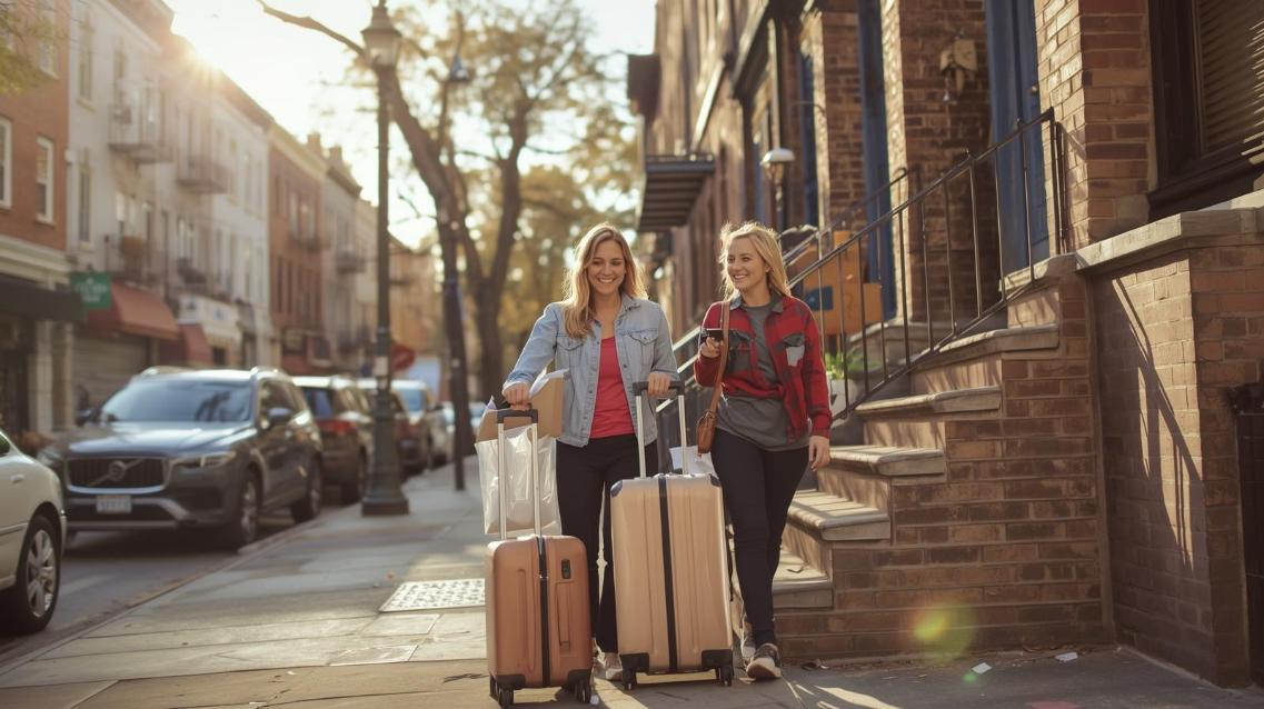 Two movers help a resident up a sunny Astoria walk-up, feeling like travel.